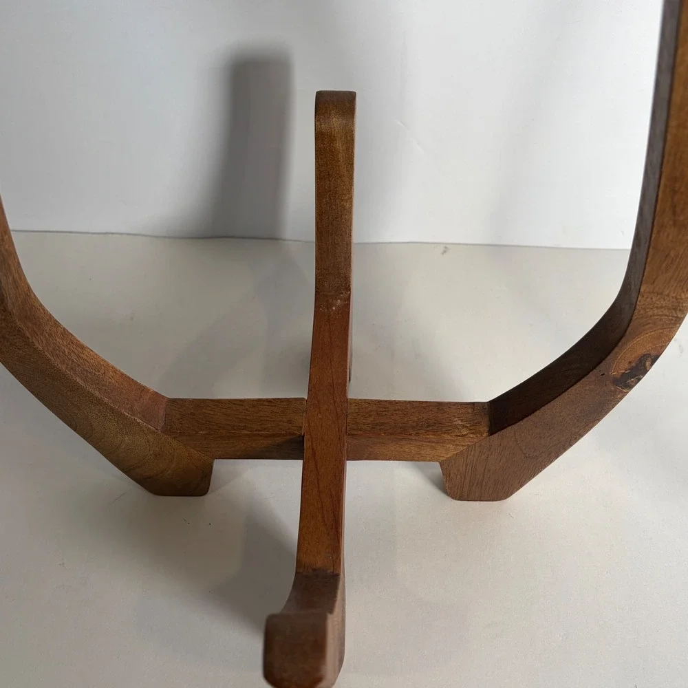 MCM Glass Hurricane Lantern Wood Arched Handle Tripod Base Decor 18